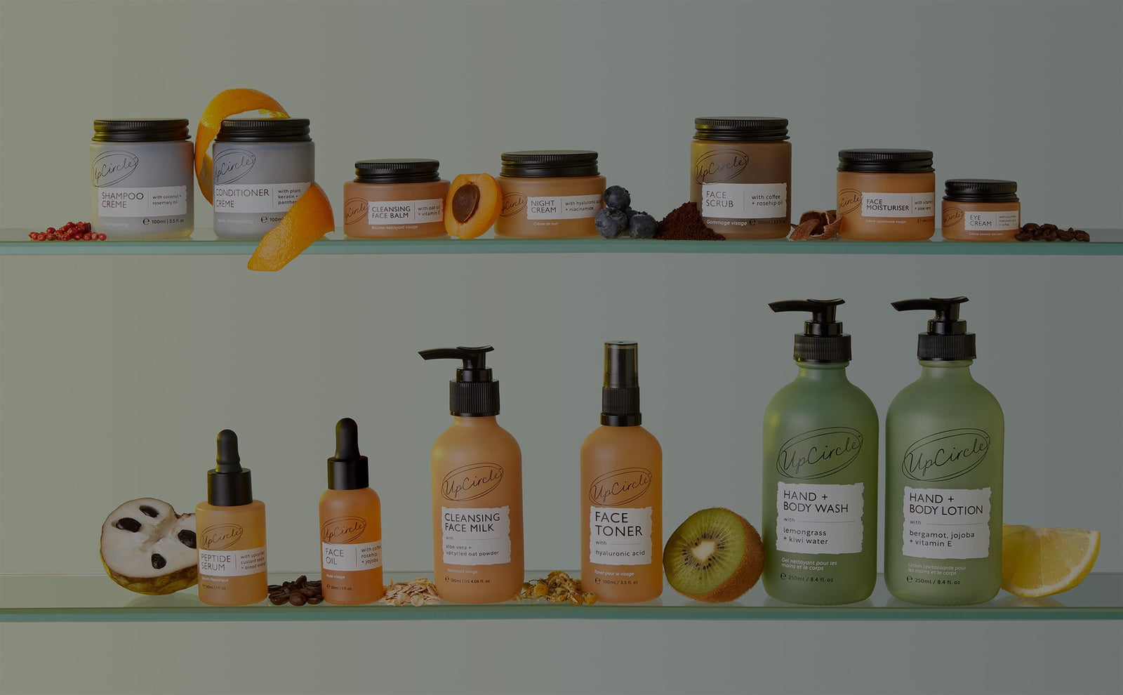 UpCircle skincare range on a shelf, building a plastic-free skincare routine