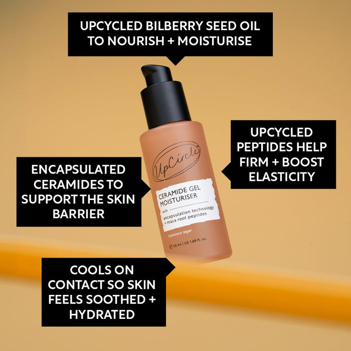 small product image-3,Ceramide Gel Moisturiser benefits: cools on contact so skin feels soothed and hydrated, encapsulated ceramides support the skin barrier, upcycled peptides help firm and boost elasticity, upcycled bilberry seed oil to nourish and moisturise