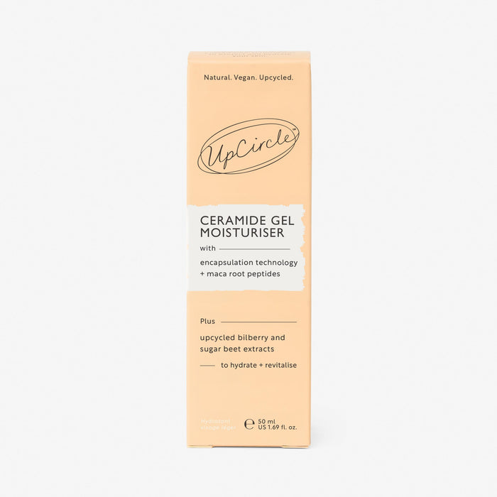 small product image-2,UpCircle Ceramide Gel Moisturiser 50ml outer carton, natural vegan upcycled, with encapsulation technology and maca root peptides