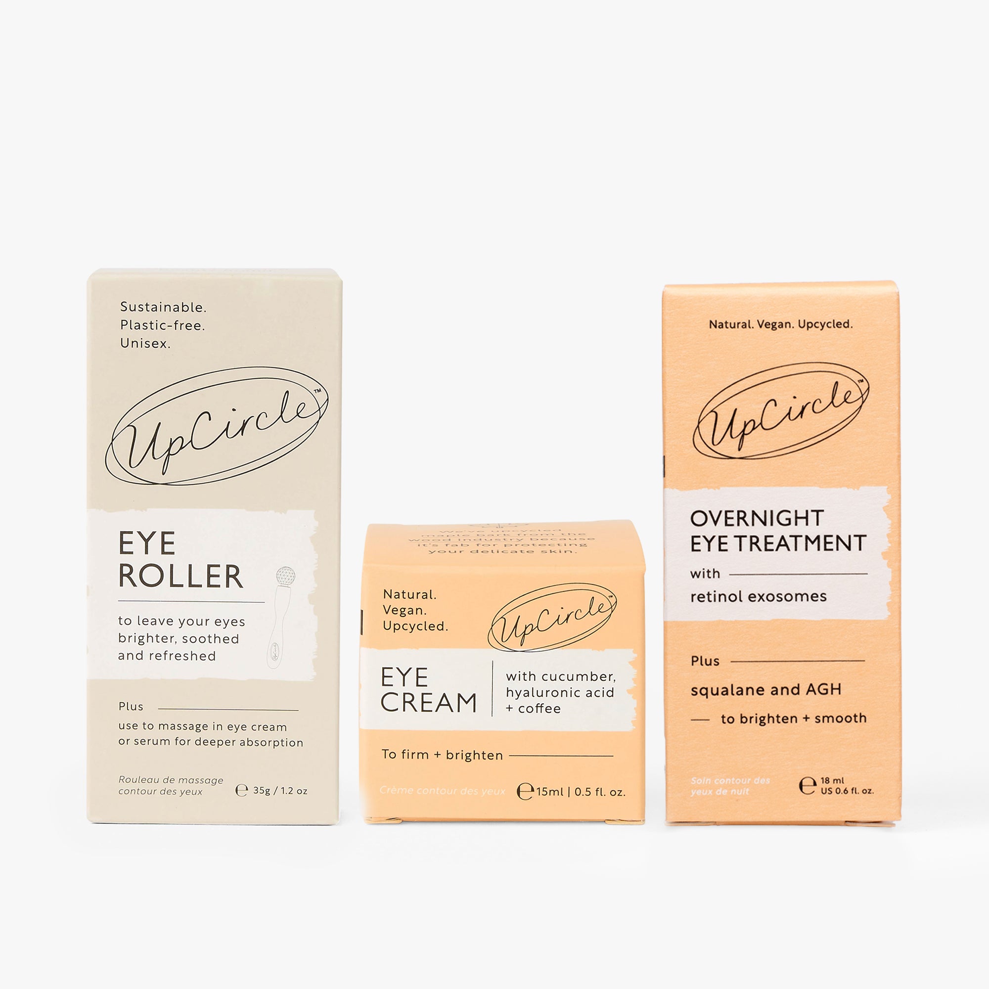 Day + Night Eye Care Bundle outer boxes: Eye Roller, Eye Cream and Overnight Eye Treatment