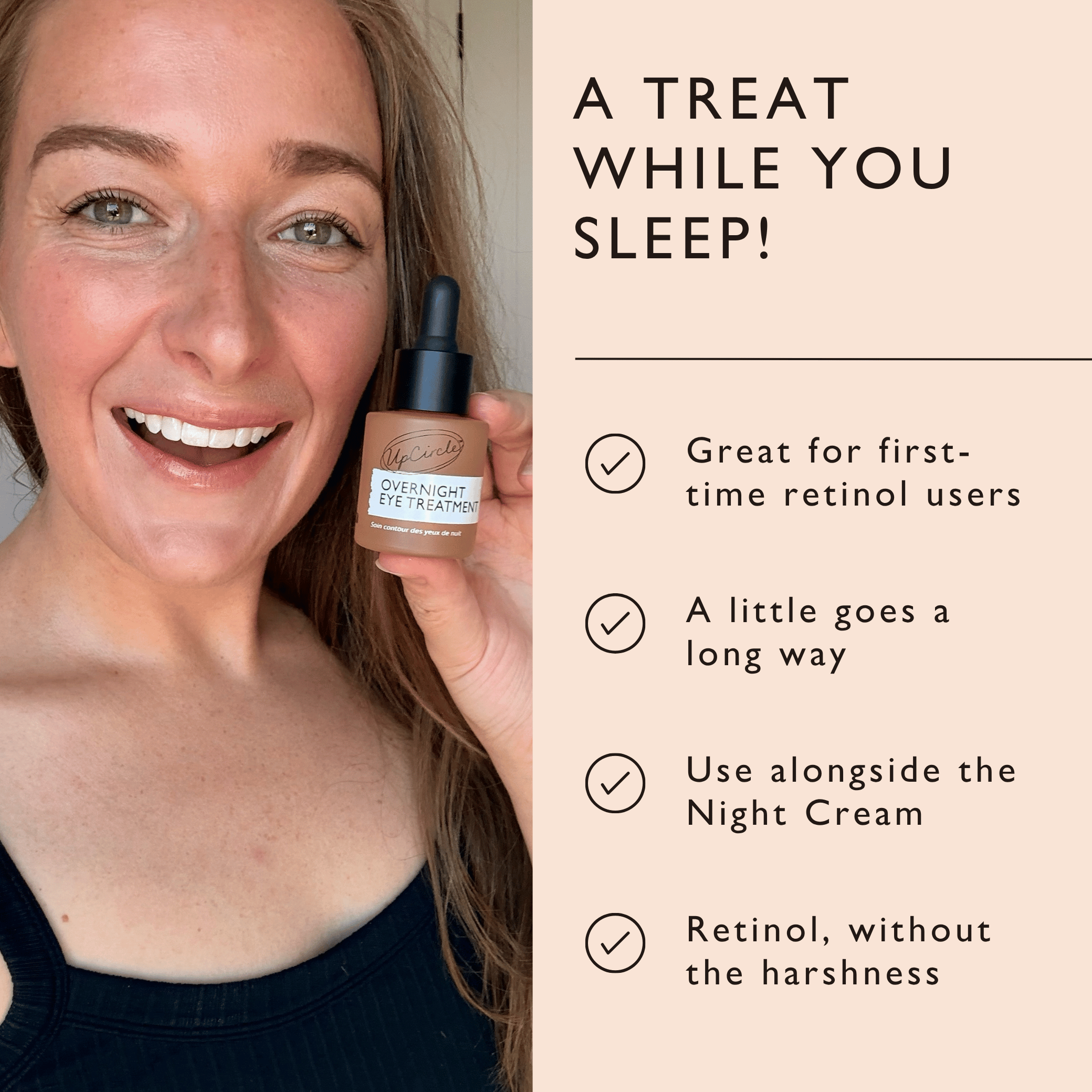 Overnight Eye Treatment held by a customer, with makeup